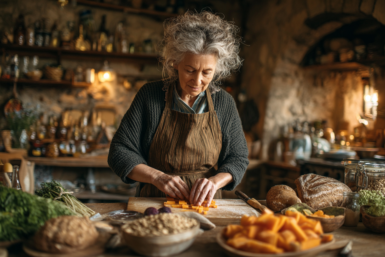 Старша пара готує здорову їжу на кухні